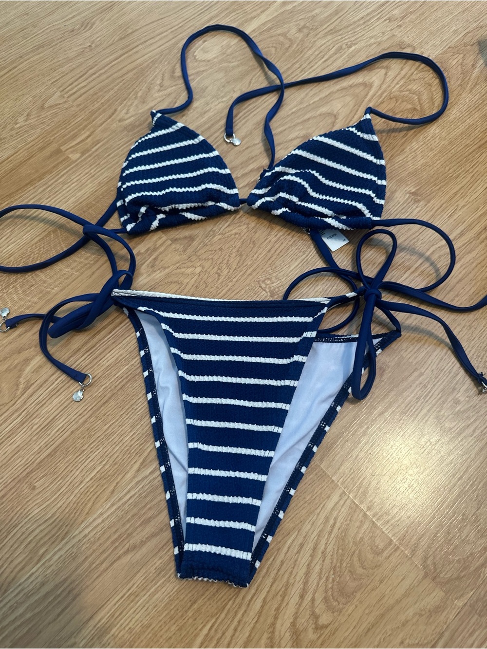 Cider Navy and White Striped Triangle Bikini Set